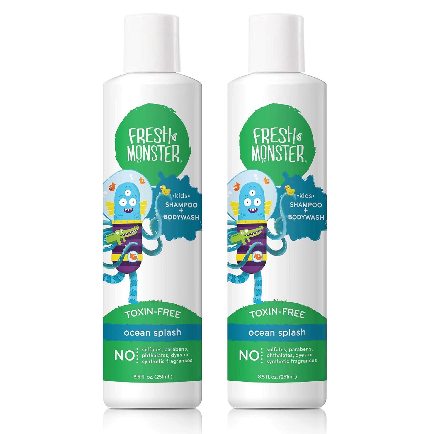 Fresh Monster 2-in-1 Natural Shampoo & Body Wash Toxin-Free & Hypoallergenic for Kids Ocean Splash (2 Pack, 8.5oz Each)