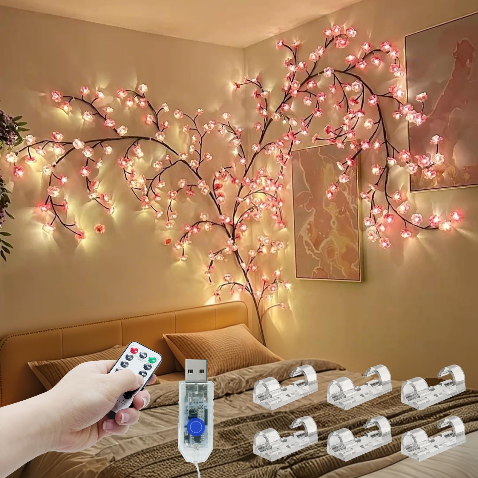 Cherry Enchanted Willow Vine Lights 7.55FT 144 LED Remote Timer for Bedroom Wall Doors Windows Wedding Christmasholiday