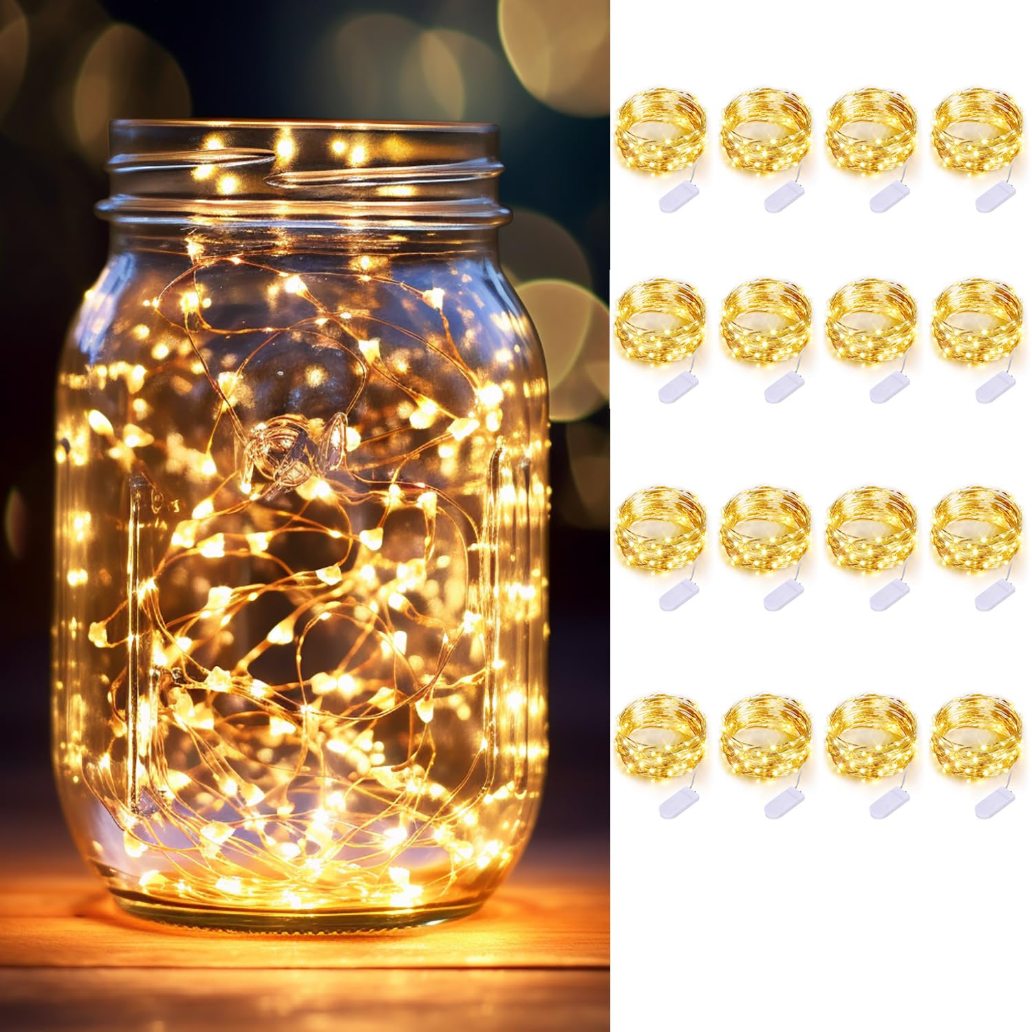 10ft 30 LED Fairy Lights Silver Wire Warm White Battery Operated 16 Pack for Wedding Party DIY Crafts Mason Jars Centerp